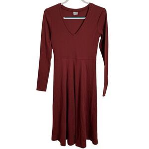 KOTN Womens Deep V Ribbed Midi Dress M Maroon Granola Girl Western Indie Lagom